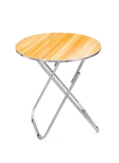 60cm Round Folding Table with Wooden Top | Portable Foldable | 4.2kg | Silver Metal Legs
