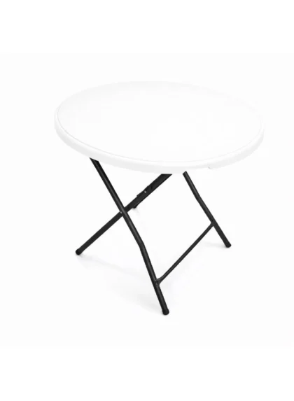 80cm Round Folding Table – White Top, Black Steel Legs