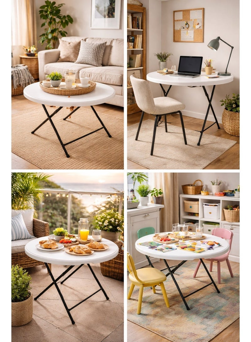 80cm Round Folding Table – White Top, Black Steel Legs - Image 2